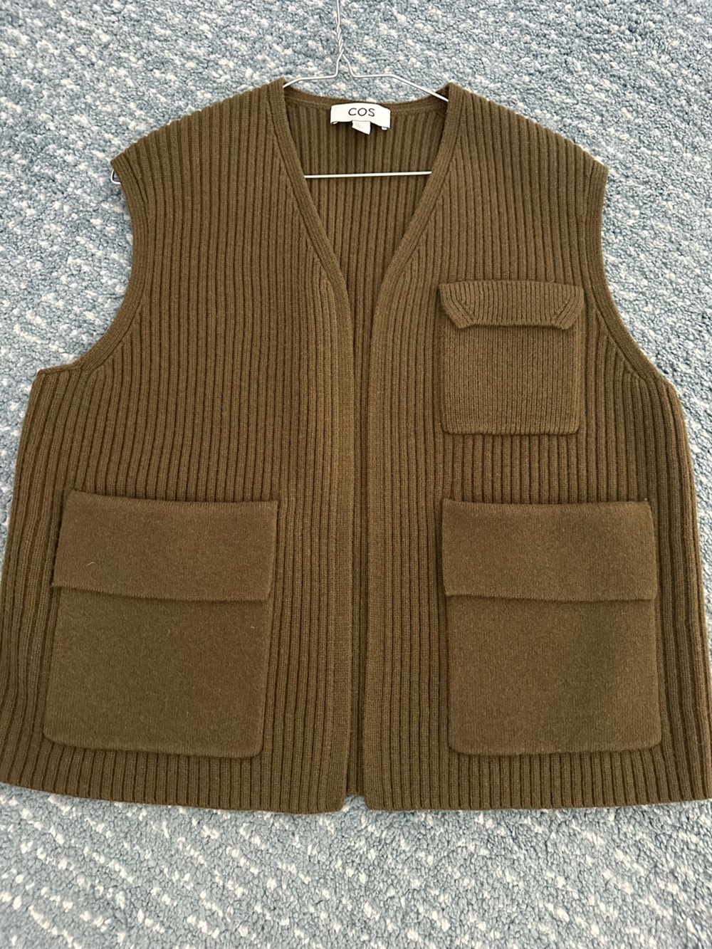 COS Military Olive Green Ribbed Merino Wool Cardigan Vest - Picture 4 of 12